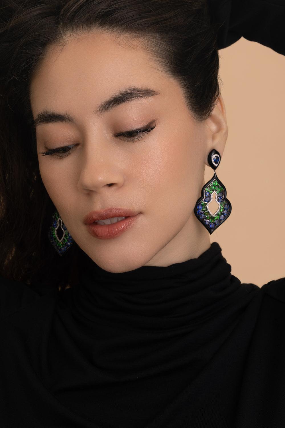 Blue sapphire Tsavorite Diamond Hoop Earrings-WHITE GOLD-JEWELRYFINE JEWELEARRING-STEFERE
