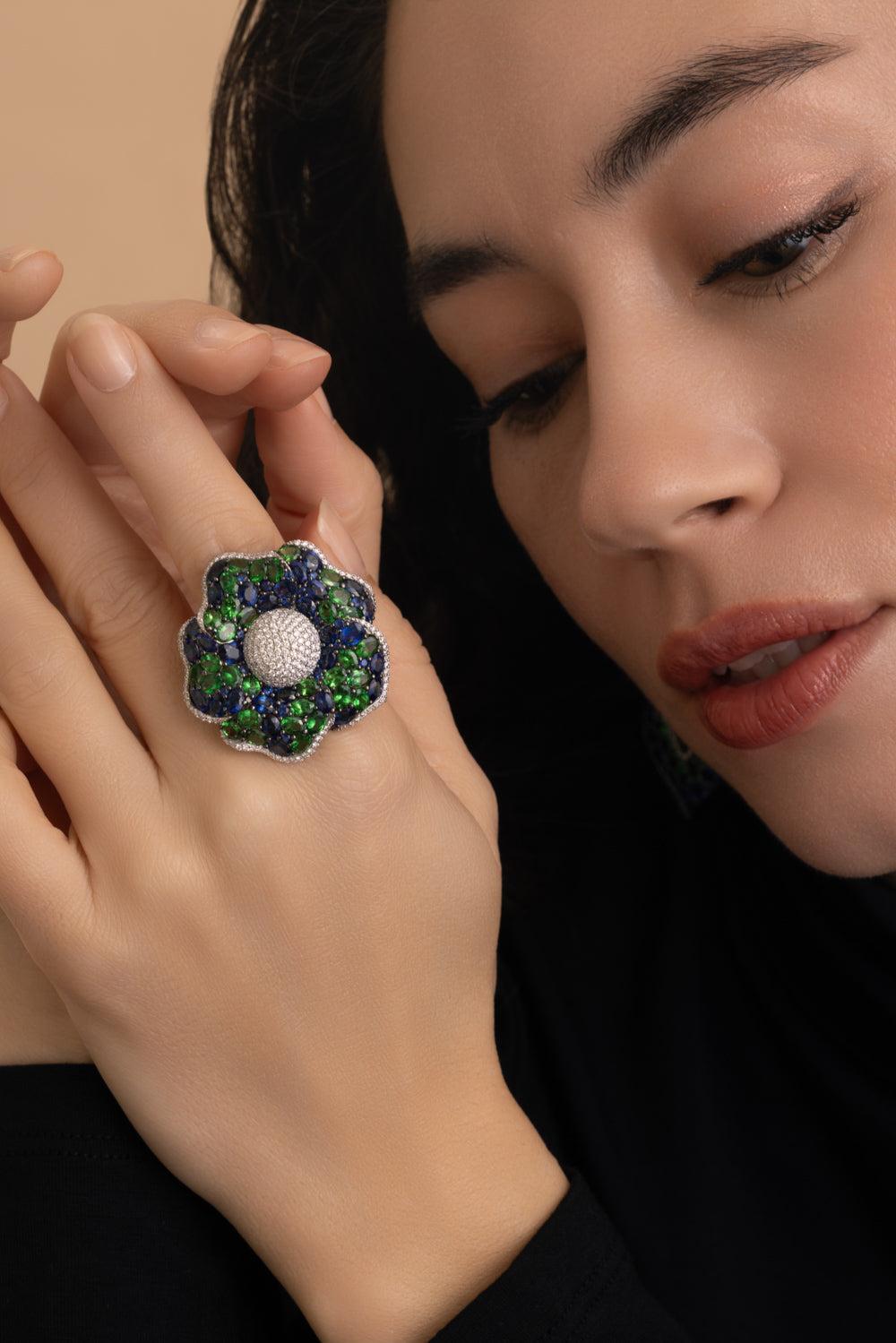 Diamond Tsavorite Flower Ring-WHITE GOLD-7.5-JEWELRYFINE JEWELRING-STEFERE