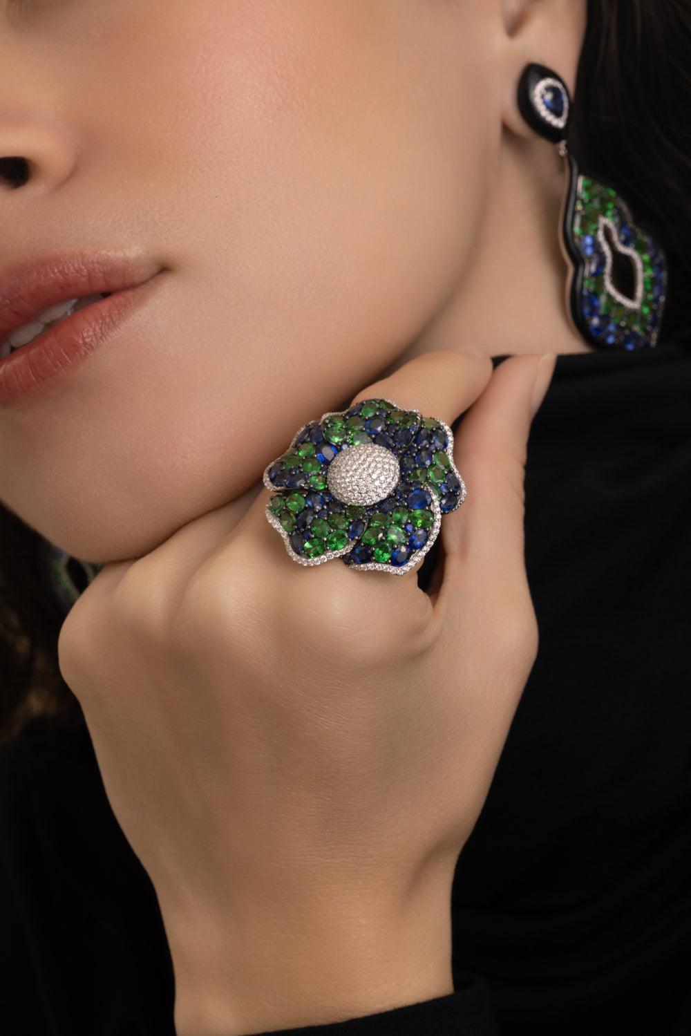 Diamond Tsavorite Flower Ring-WHITE GOLD-7.5-JEWELRYFINE JEWELRING-STEFERE