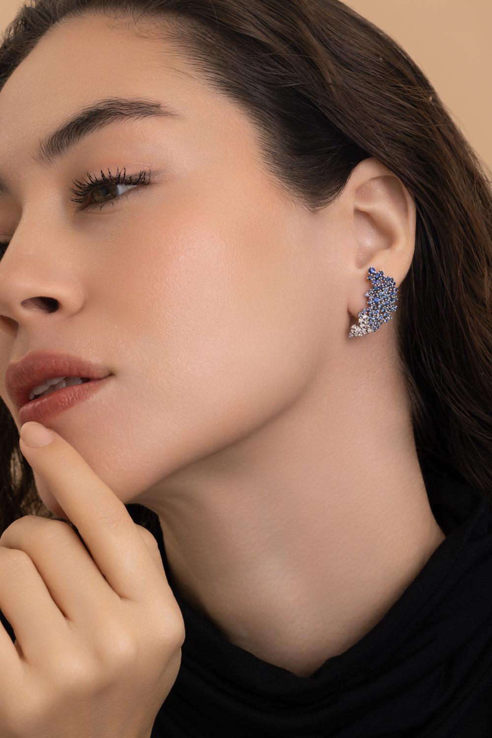 Blue Sapphire Ombre Scatter Ear Jackets-WHITE GOLD-JEWELRYFINE JEWELEARRING-ANANYA