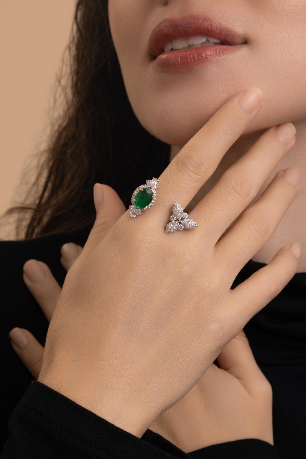 Emerald Diamond Open Reign Ring-WHITE GOLD-6.75-JEWELRYFINE JEWELRING-YEPREM JEWELLERY