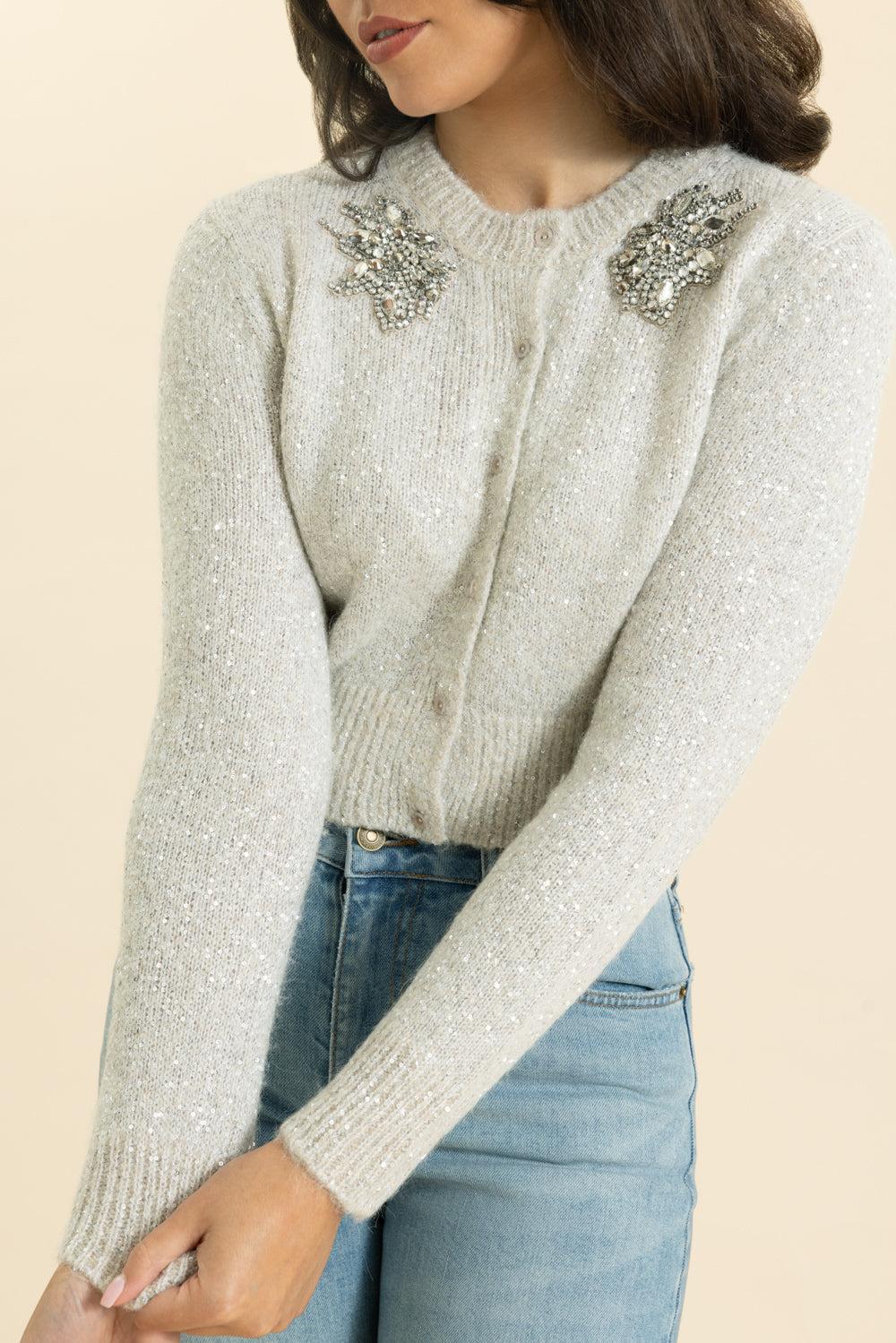 Cropped Jeweled Cardigan-CHAMPAGNE-XS-CLOTHINGTOPCARDIGAN-ERDEM
