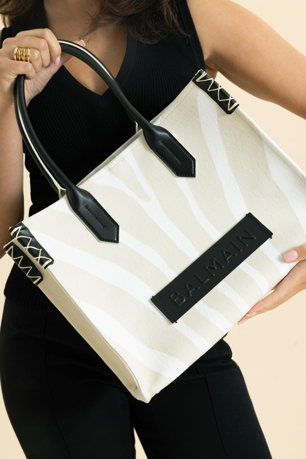 Medium B-Army Shopper Tote - Zebra Canvas-NTSABLNO-HANDBAGTOTES-BALMAIN