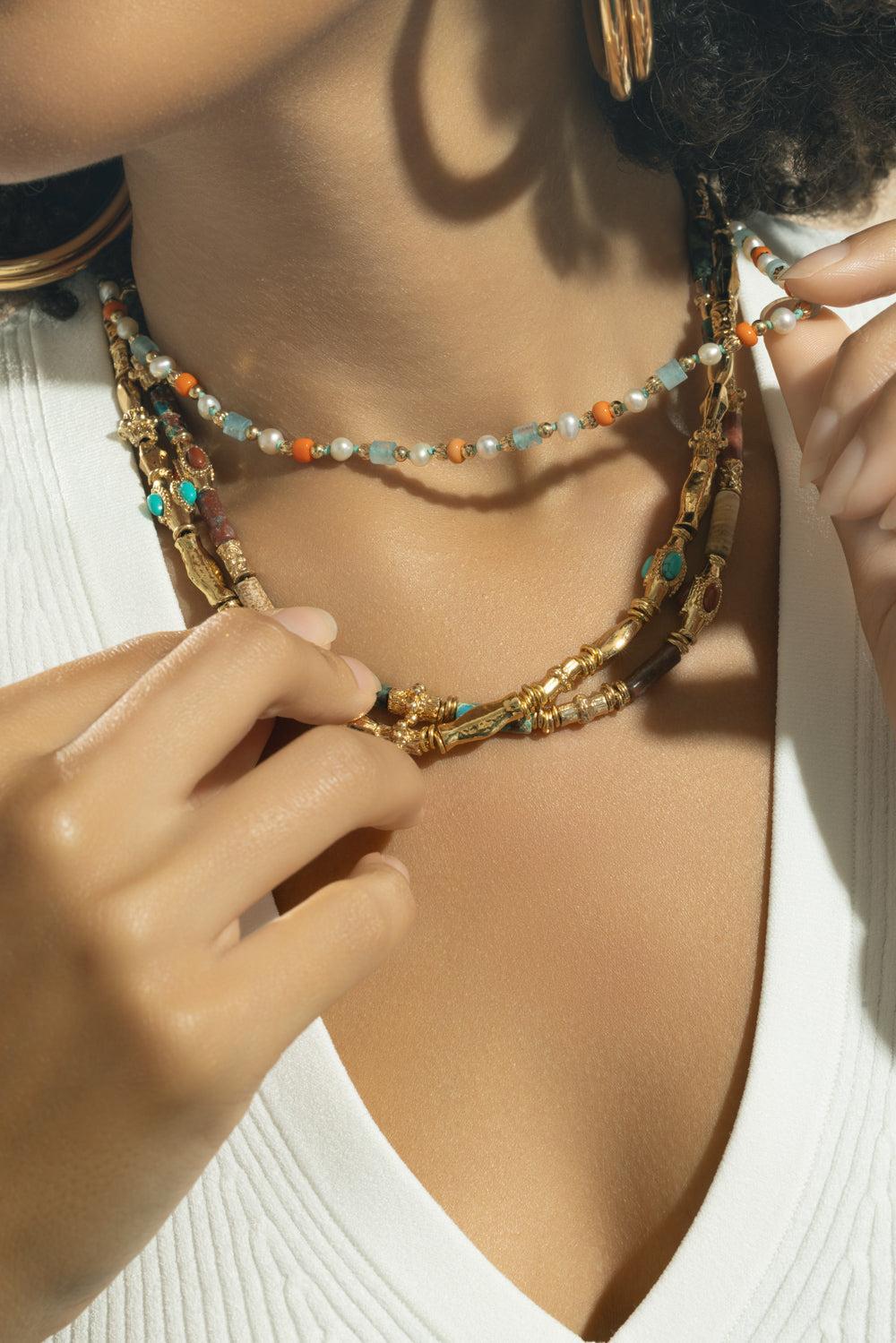 Orange Blue Pearl Beaded Alex Necklace-PRL/ORNG-JEWELRYBOUTIQUENECKLACE O-GAS BIJOUX