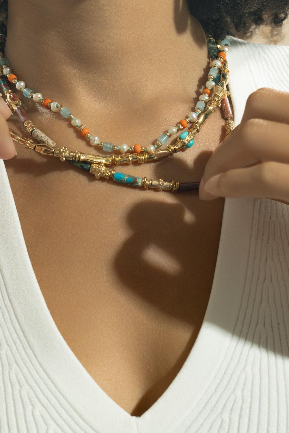 Red Jasper Turquoise Beaded Kali Necklace-RED/TURQ-JEWELRYBOUTIQUENECKLACE O-GAS BIJOUX