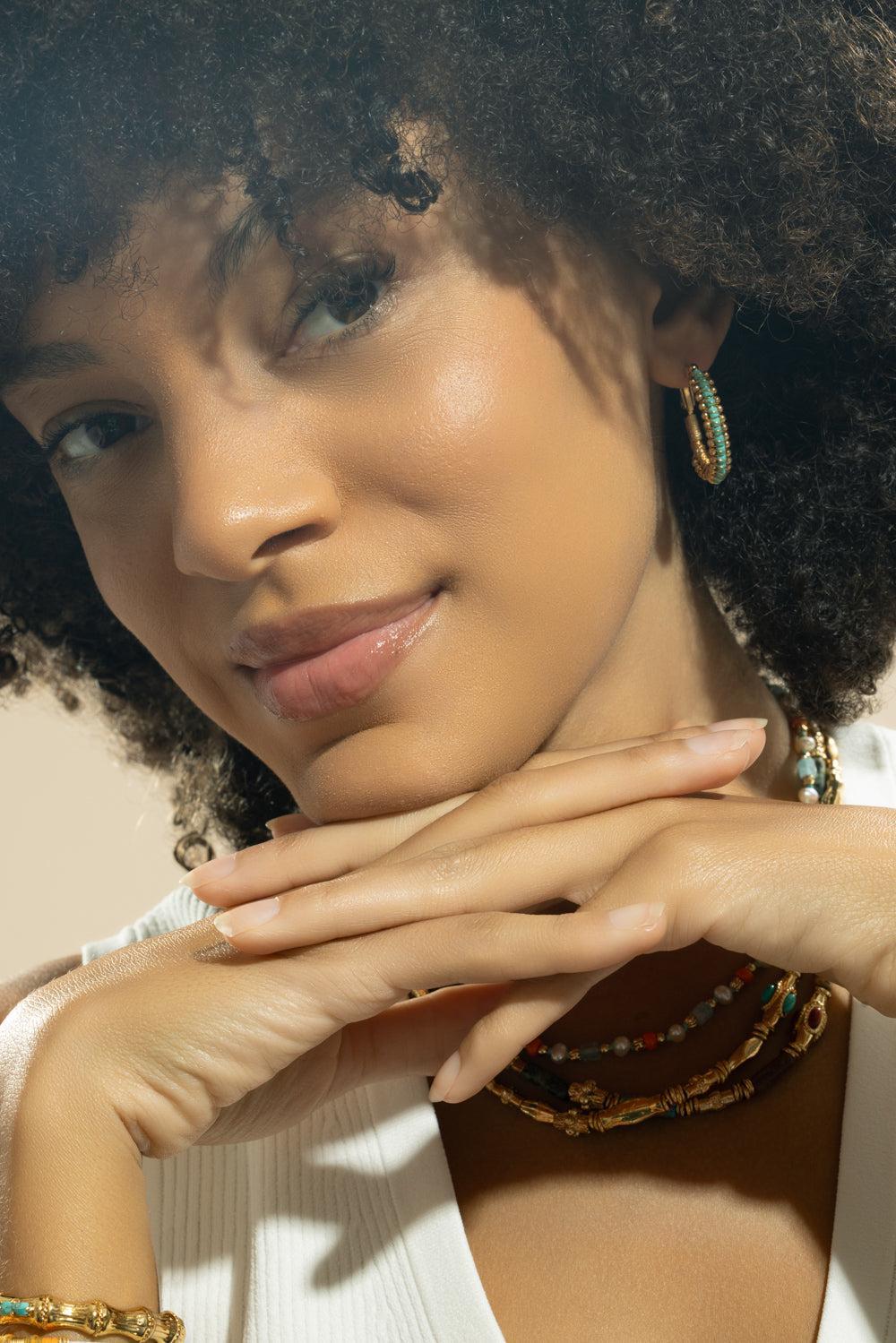 Mixed Green Beaded Lyre Earrings-GREEN-JEWELRYBOUTIQUEEARRING-GAS BIJOUX