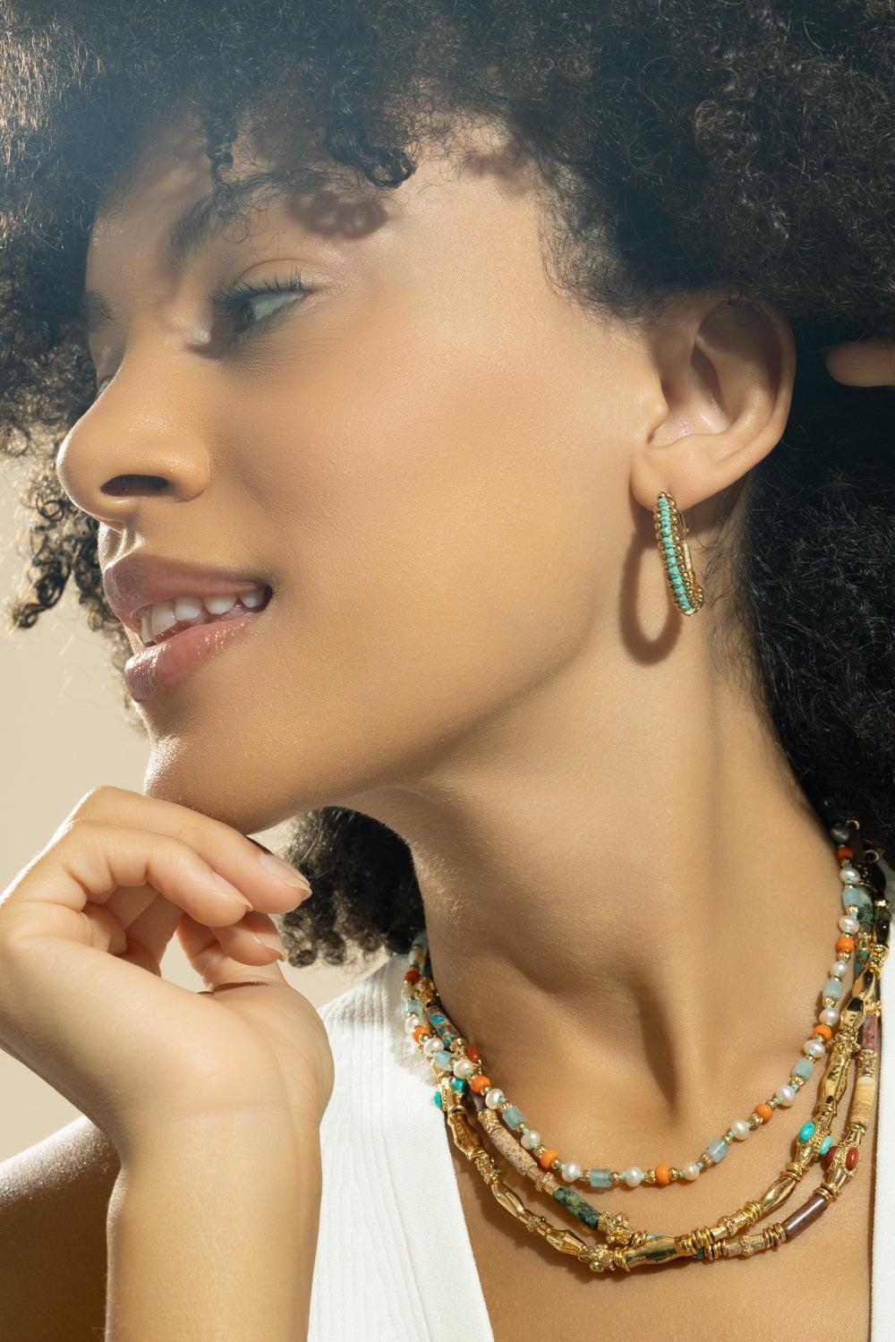 Mixed Green Beaded Lyre Earrings-GREEN-JEWELRYBOUTIQUEEARRING-GAS BIJOUX