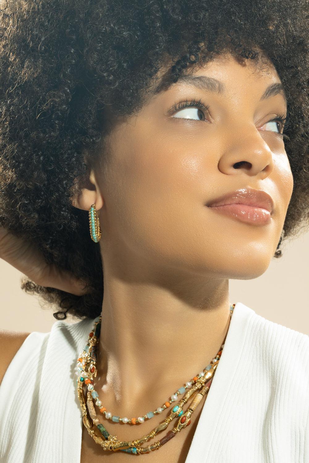 Mixed Green Beaded Lyre Earrings-GREEN-JEWELRYBOUTIQUEEARRING-GAS BIJOUX