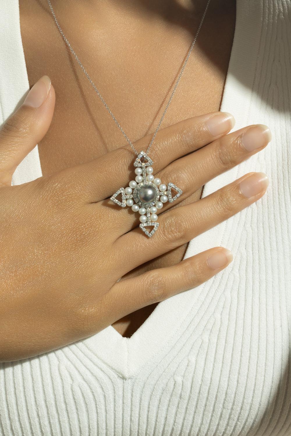 Diamond Pearl Cross Necklace-WHITE GOLD-JEWELRYFINE JEWELNECKLACE O-ANDREOLI