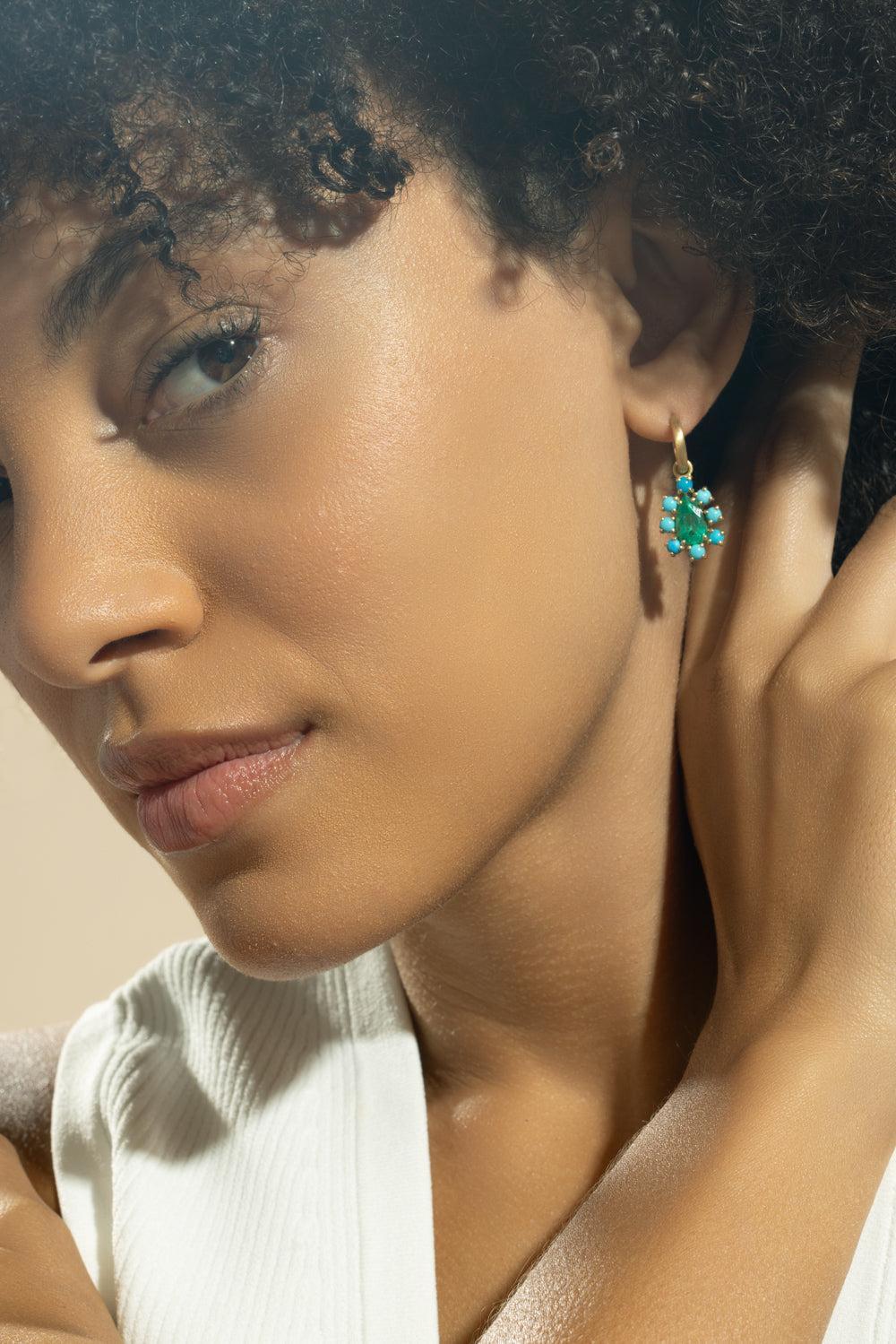 Emerald Turquoise Floret Gemmy Gem Earrings-YELLOW GOLD-JEWELRYFINE JEWELEARRING-IRENE NEUWIRTH JEWELRY
