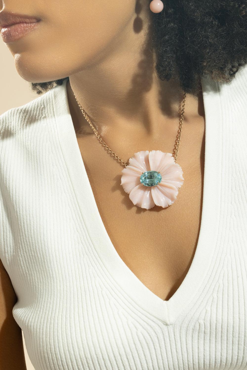 Aquamarine Pink Opal Tropical Flower Necklace-ROSE GOLD-16-JEWELRYFINE JEWELNECKLACE O-IRENE NEUWIRTH JEWELRY