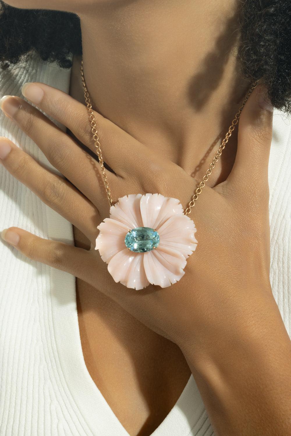 Aquamarine Pink Opal Tropical Flower Necklace-ROSE GOLD-16-JEWELRYFINE JEWELNECKLACE O-IRENE NEUWIRTH JEWELRY
