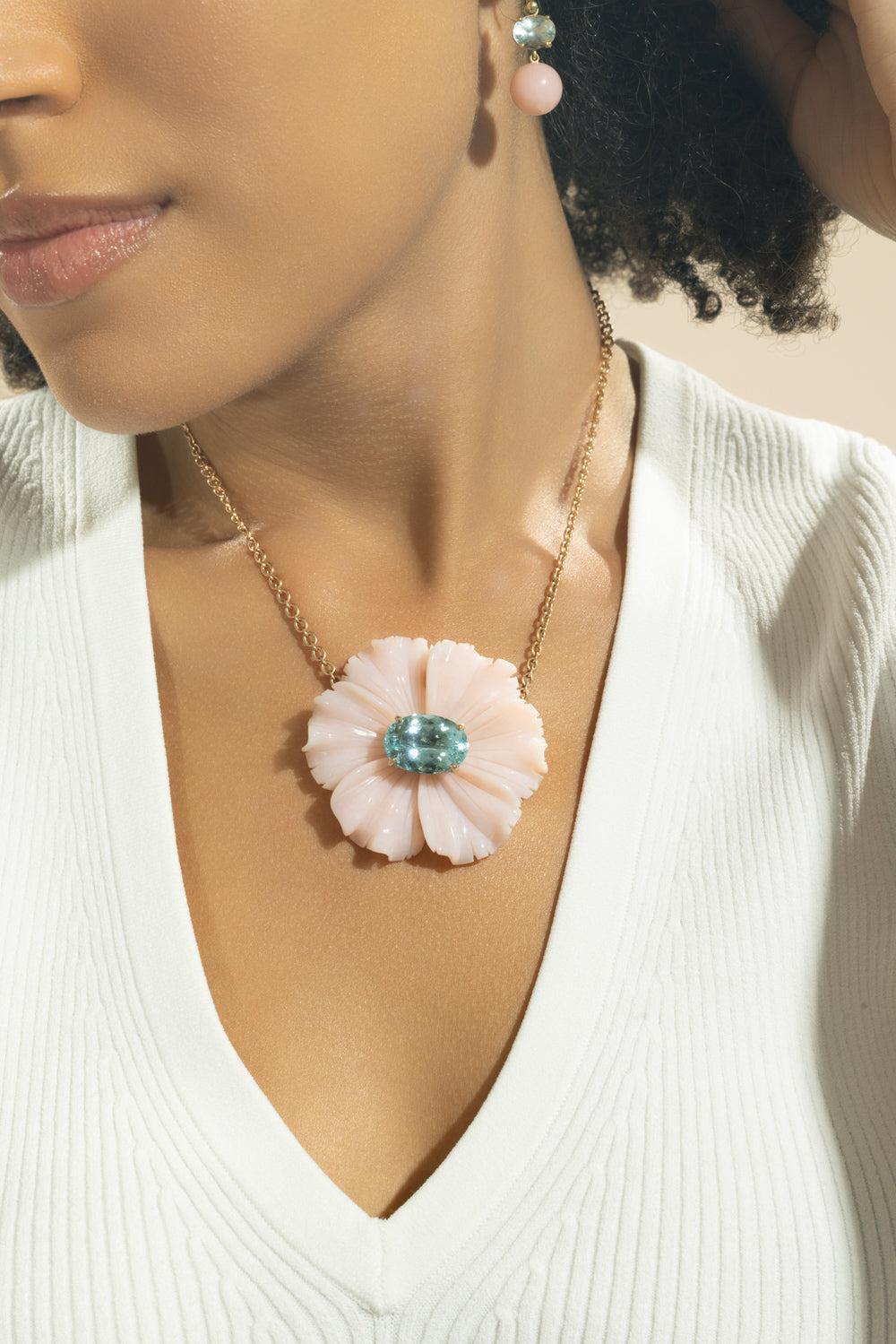 Aquamarine Pink Opal Tropical Flower Necklace-ROSE GOLD-16-JEWELRYFINE JEWELNECKLACE O-IRENE NEUWIRTH JEWELRY