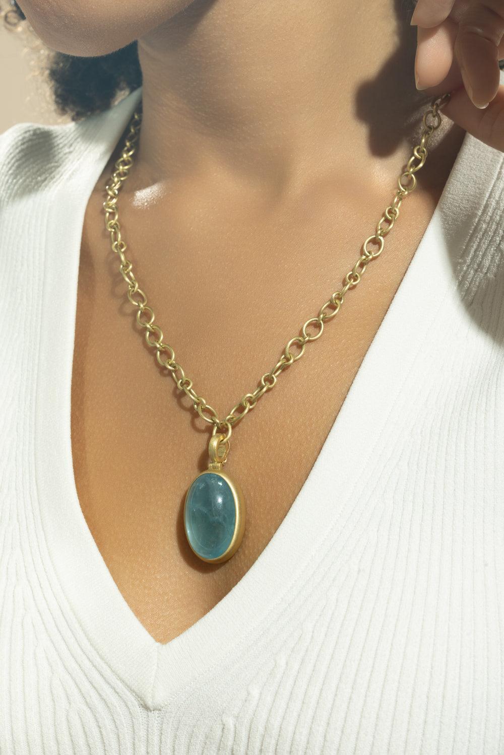 Aqua Cabochon Large Oval Pendant-YELLOW GOLD-JEWELRYFINE JEWELPENDANT-LEIGH MAXWELL