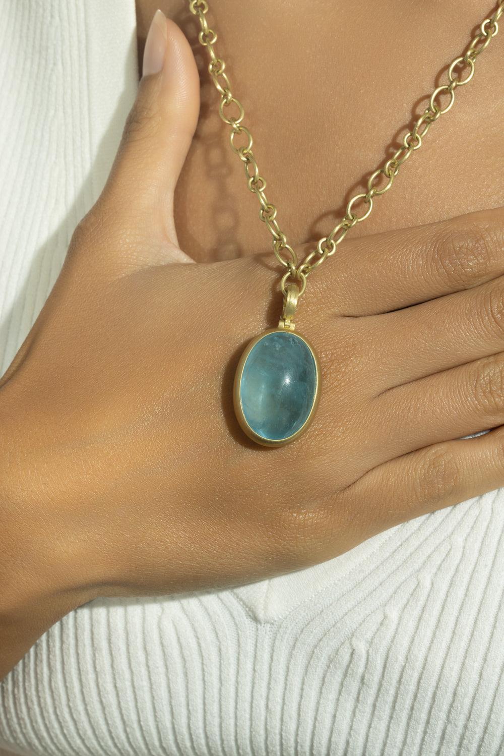 Aqua Cabochon Large Oval Pendant-YELLOW GOLD-JEWELRYFINE JEWELPENDANT-LEIGH MAXWELL