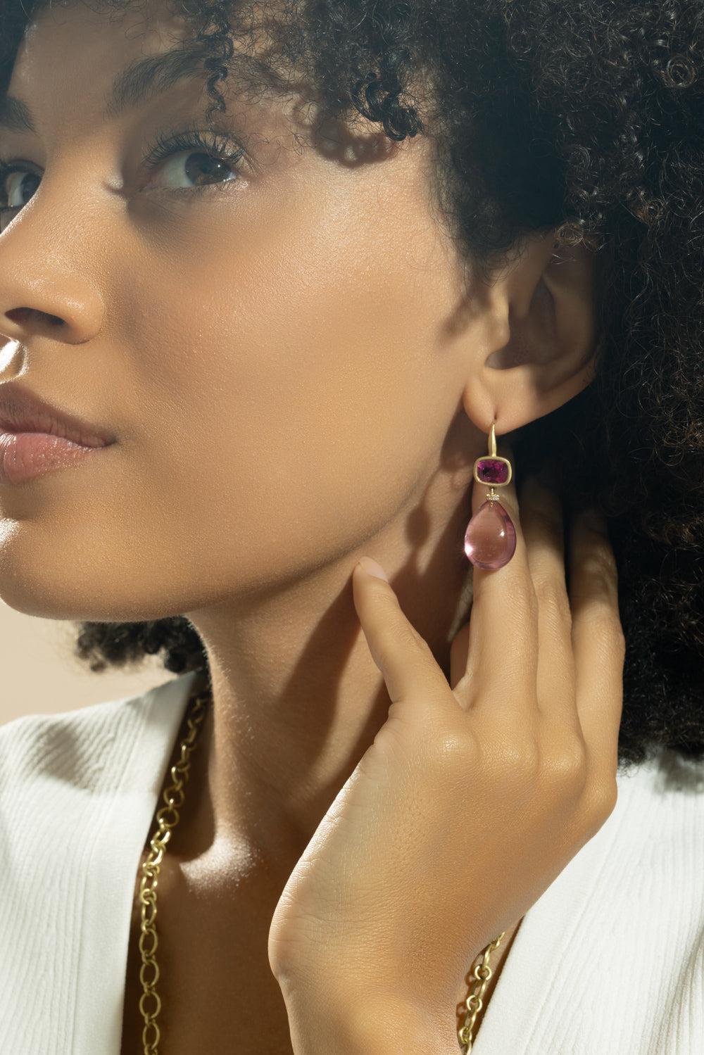 Pink Tourmaline Gemmy Drop Earrings-YELLOW GOLD-JEWELRYFINE JEWELEARRING-LEIGH MAXWELL
