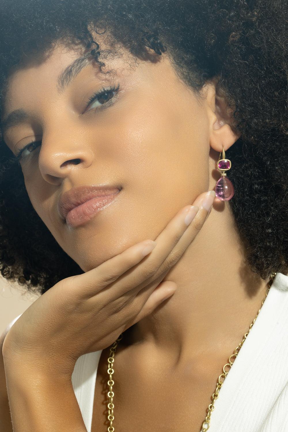 Pink Tourmaline Gemmy Drop Earrings-YELLOW GOLD-JEWELRYFINE JEWELEARRING-LEIGH MAXWELL