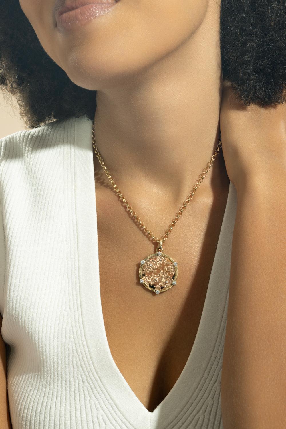 Floral Screen Resilience Large Medallion - Rose Gold-YELLOW GOLD-JEWELRYFINE JEWELPENDANT-FOUNDRAE