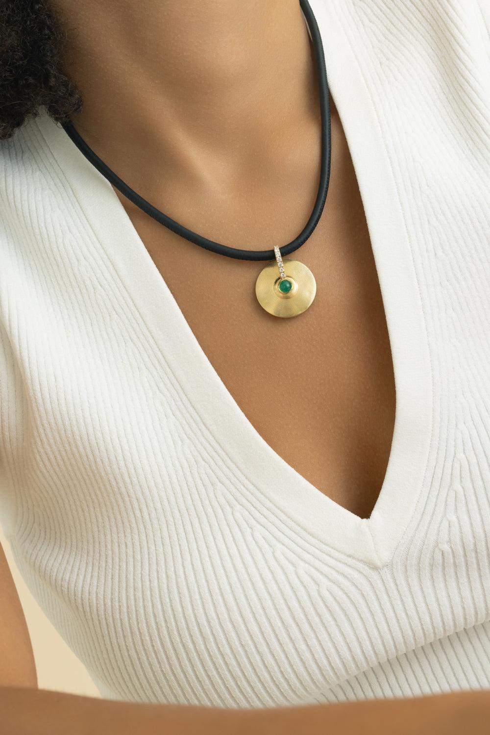 Diamond Emerald Cabochon Small Cymbal Pendant-YELLOW GOLD-JEWELRYFINE JEWELPENDANT-JADE RUZZO