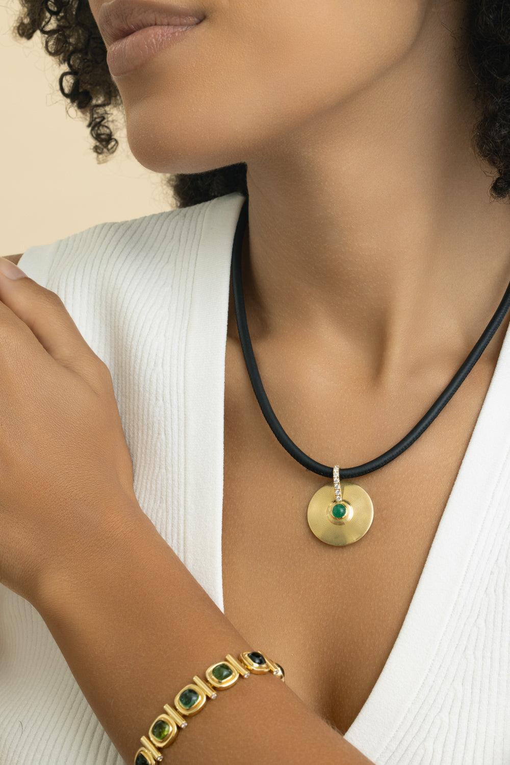 Diamond Emerald Cabochon Small Cymbal Pendant-YELLOW GOLD-JEWELRYFINE JEWELPENDANT-JADE RUZZO