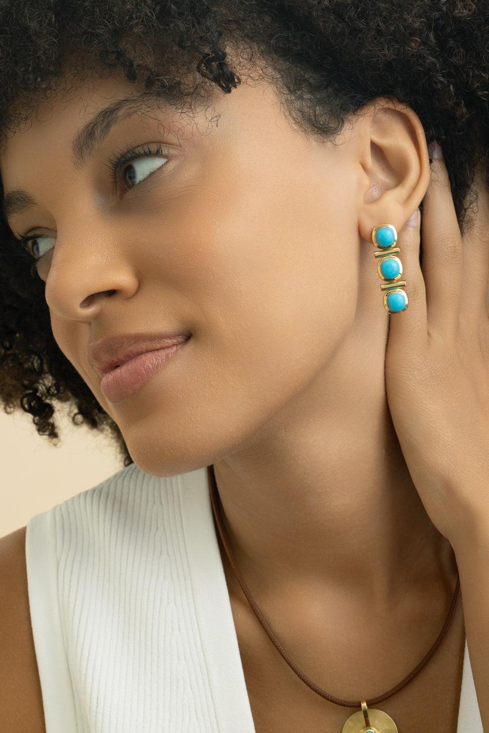 Turquoise Three Stone Gilda Earrings-YELLOW GOLD-JEWELRYFINE JEWELEARRING-JADE RUZZO