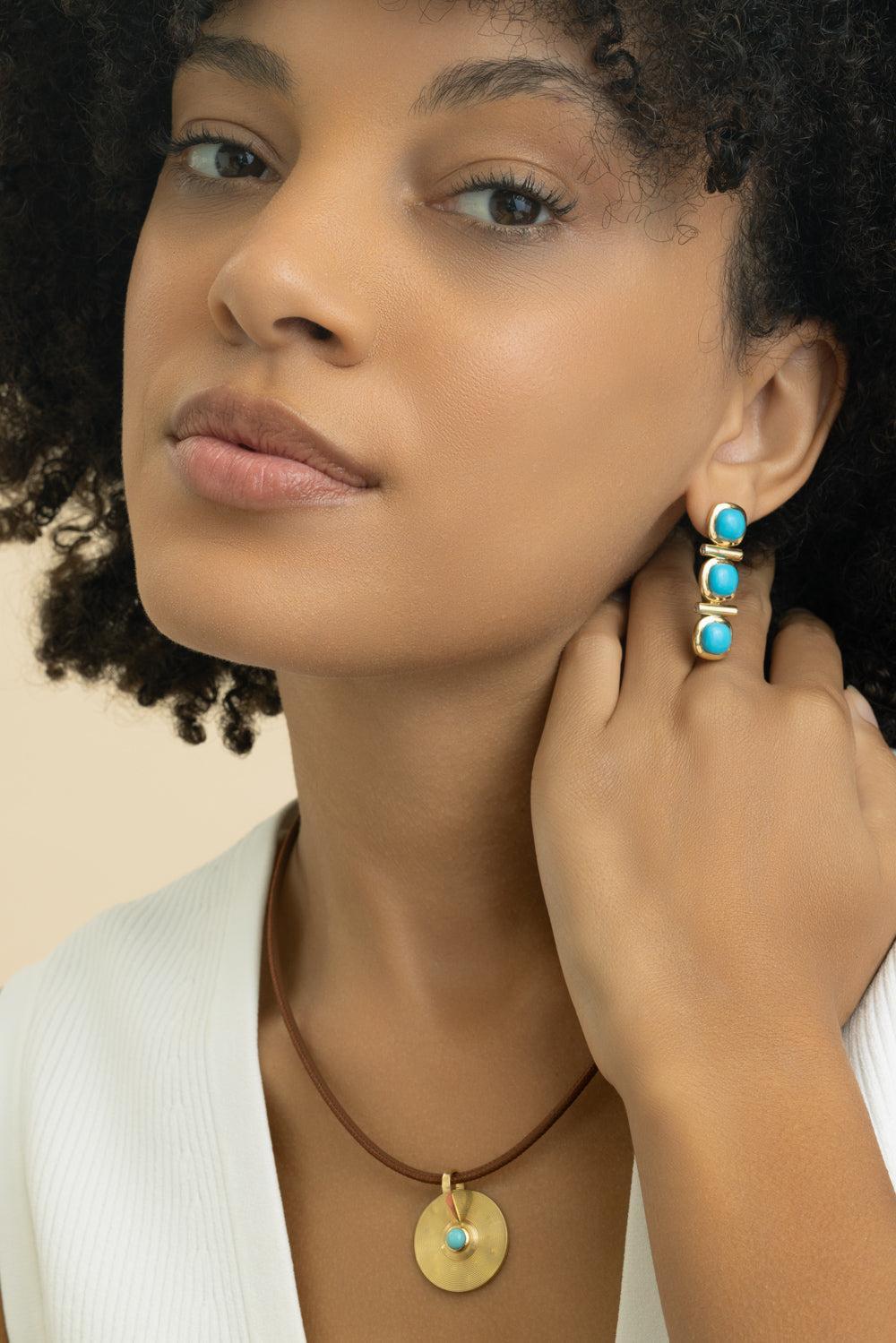Turquoise Three Stone Gilda Earrings-YELLOW GOLD-JEWELRYFINE JEWELEARRING-JADE RUZZO