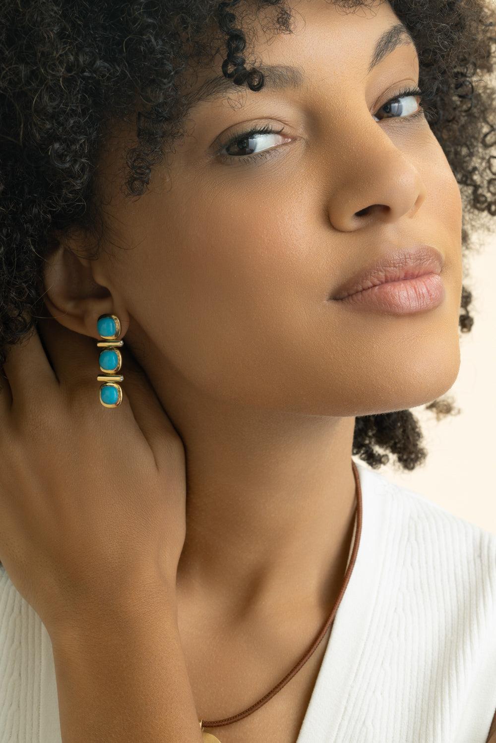 Turquoise Three Stone Gilda Earrings-YELLOW GOLD-JEWELRYFINE JEWELEARRING-JADE RUZZO