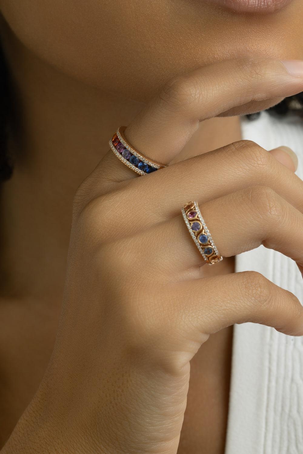 Rainbow Sapphire Diamond Circle Band Ring-ROSE GOLD-5.75-JEWELRYFINE JEWELRING-LISA NIK