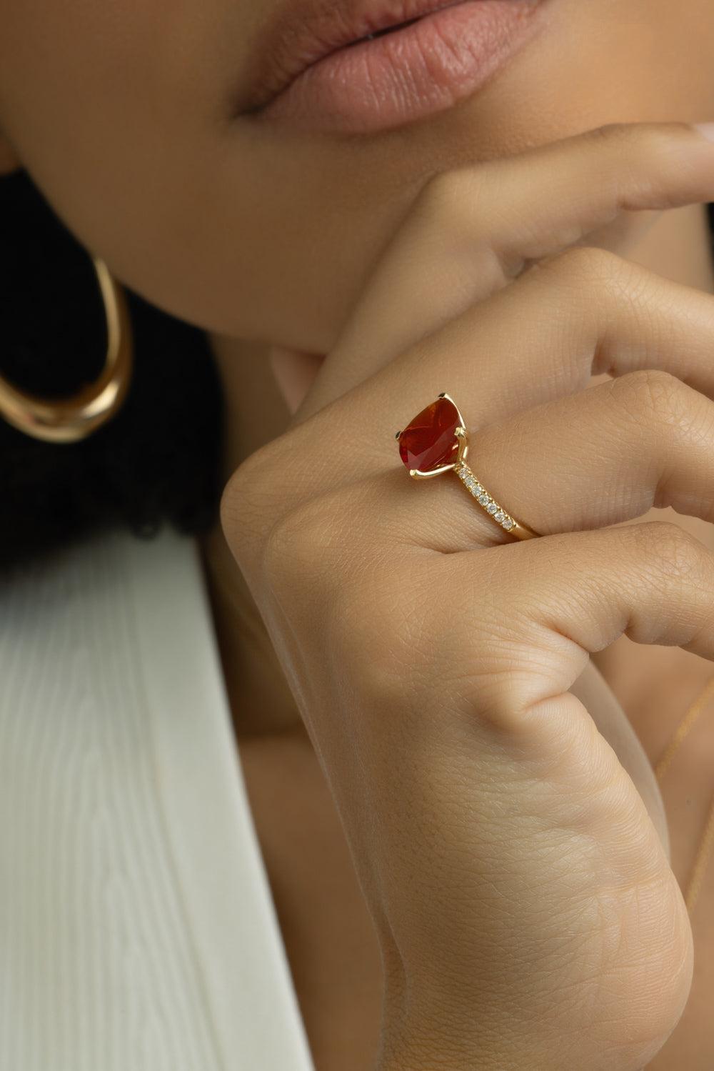 Fire Opal Diamond Cushion Ring-YELLOW GOLD-5.75-JEWELRYFINE JEWELRING-LISA NIK