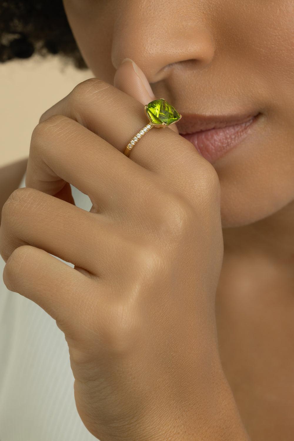 Diamond Peridot Cushion Ring-YELLOW GOLD-5.5-JEWELRYFINE JEWELRING-LISA NIK