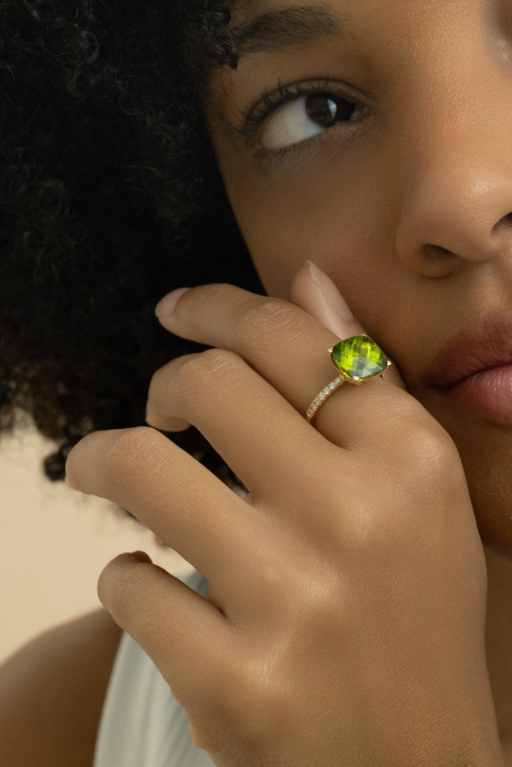 Diamond Peridot Cushion Ring-YELLOW GOLD-5.5-JEWELRYFINE JEWELRING-LISA NIK