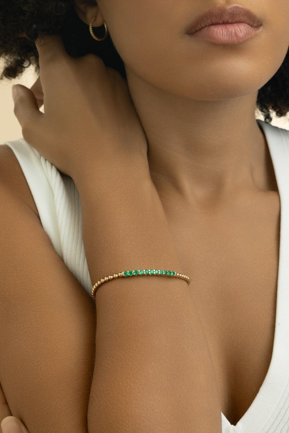 Emerald Stretch Beaded Bracelet-YELLOW GOLD-JEWELRYFINE JEWELBRACELET O-LISA NIK