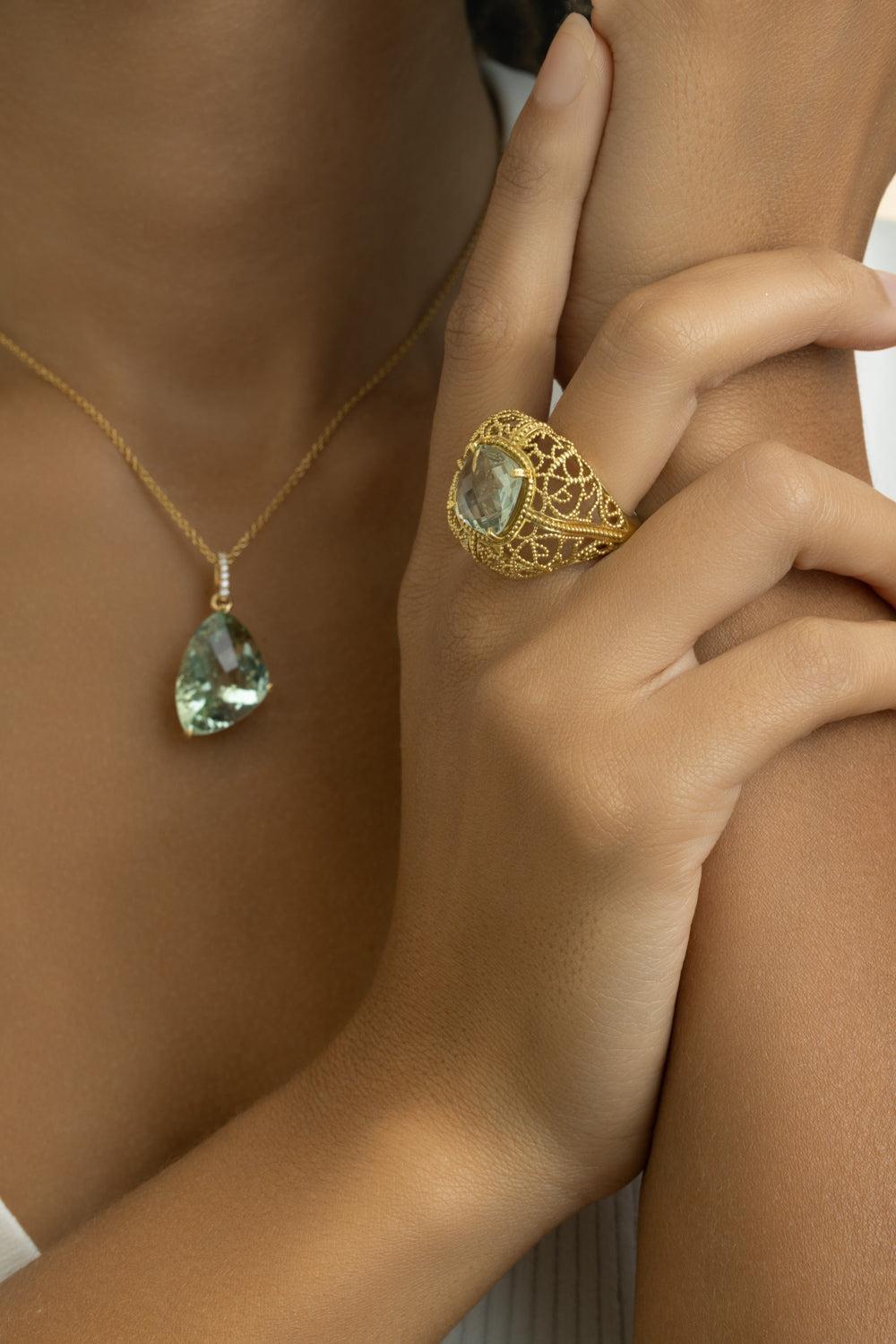 Green Quartz Cushion Ring-YELLOW GOLD-7.5-JEWELRYFINE JEWELRING-LISA NIK
