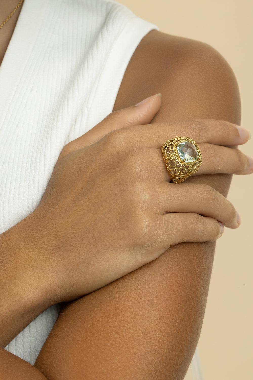 Green Quartz Cushion Ring-YELLOW GOLD-7.5-JEWELRYFINE JEWELRING-LISA NIK