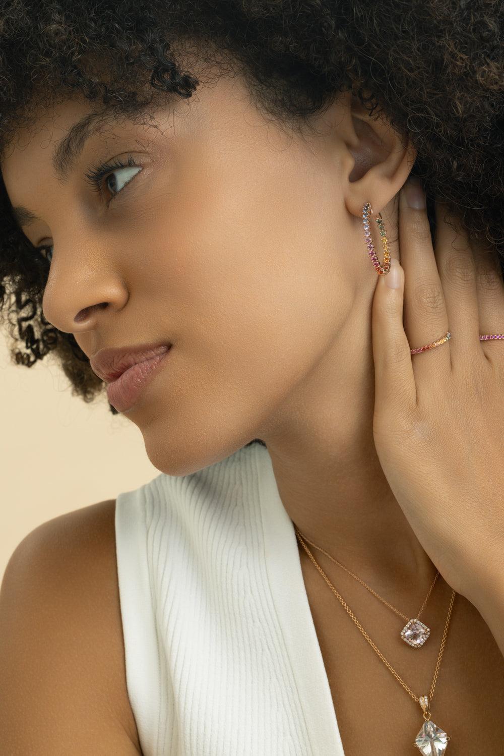 Rainbow Sapphire Inside Outside Hoop Earrings-ROSE GOLD-JEWELRYFINE JEWELEARRING-LISA NIK