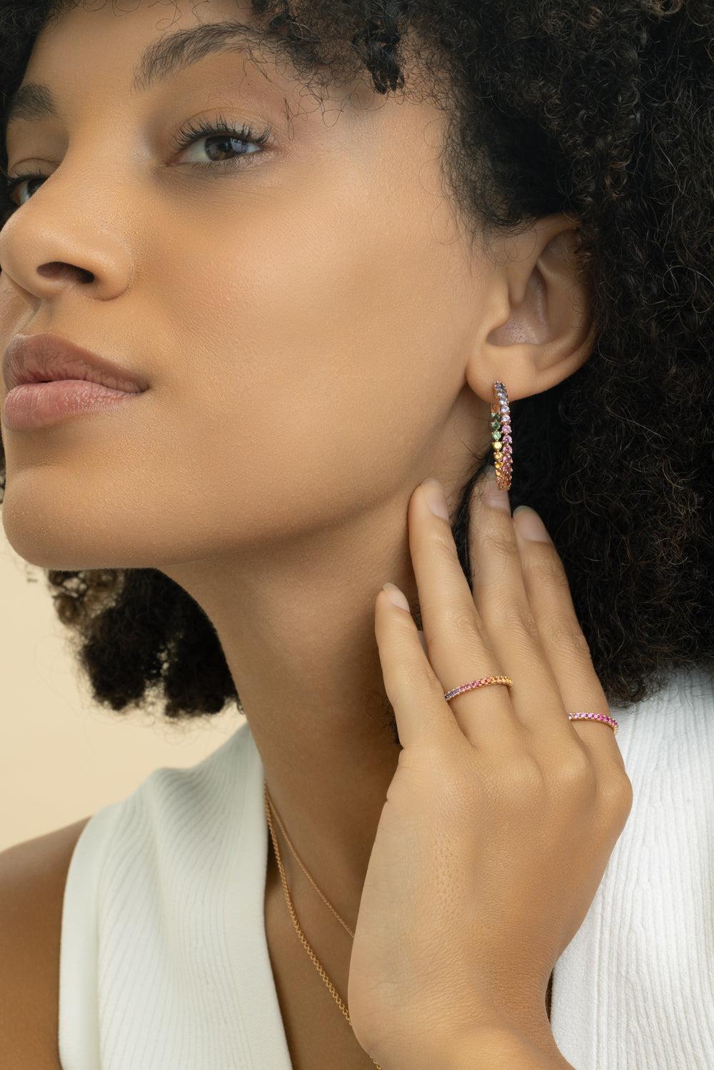 Rainbow Sapphire Inside Outside Hoop Earrings-ROSE GOLD-JEWELRYFINE JEWELEARRING-LISA NIK