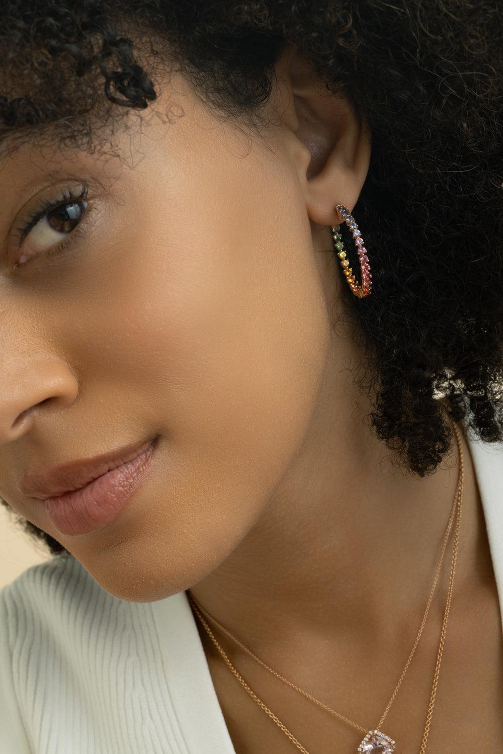 Rainbow Sapphire Inside Outside Hoop Earrings-ROSE GOLD-JEWELRYFINE JEWELEARRING-LISA NIK