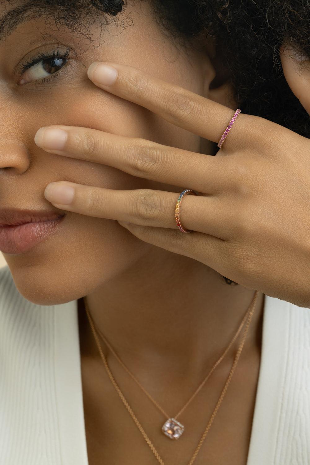 Pink Sapphire Ombre Skinny Band Ring-YELLOW GOLD-5.5-JEWELRYFINE JEWELRING-LISA NIK