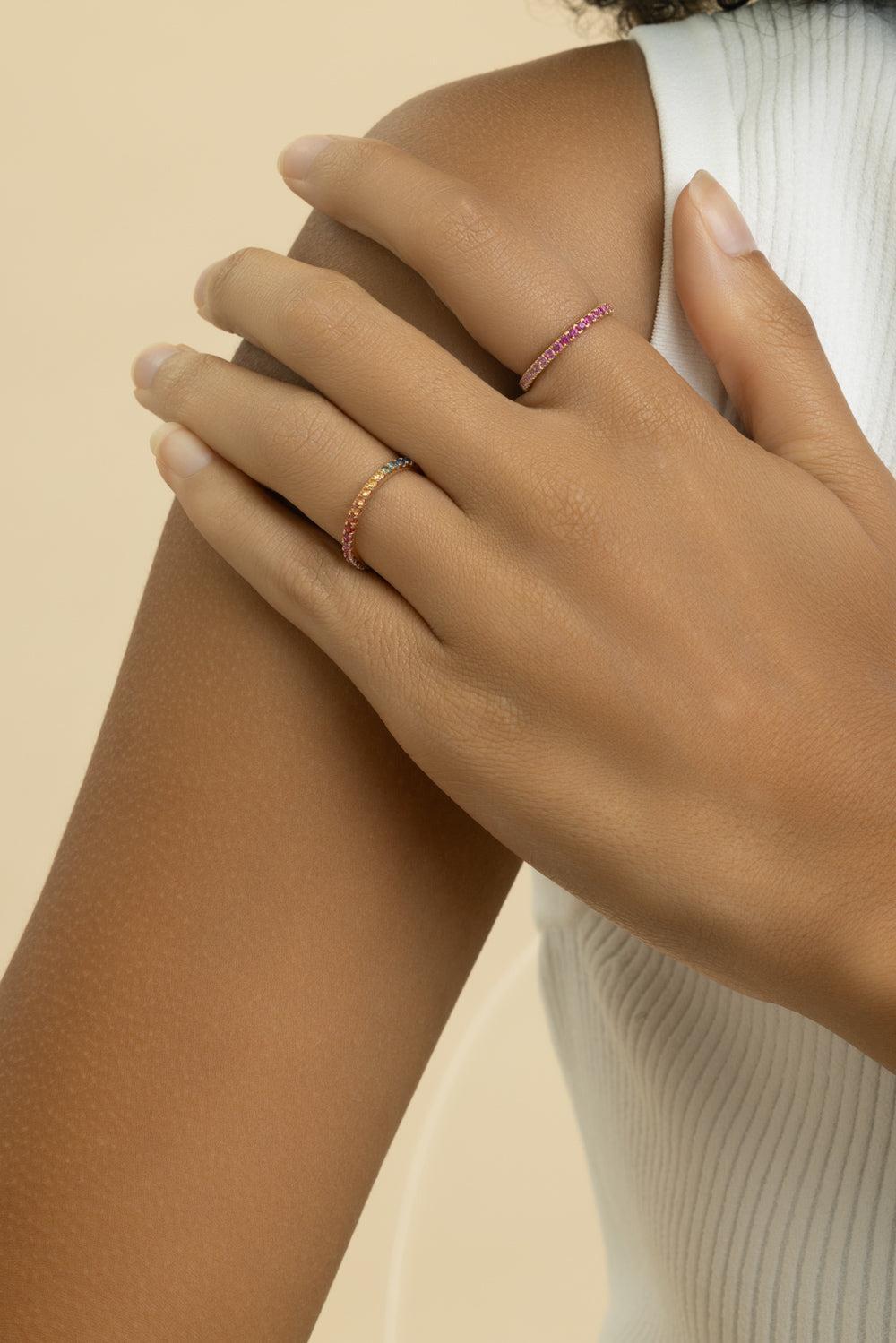 Pink Sapphire Ombre Skinny Band Ring-YELLOW GOLD-5.5-JEWELRYFINE JEWELRING-LISA NIK