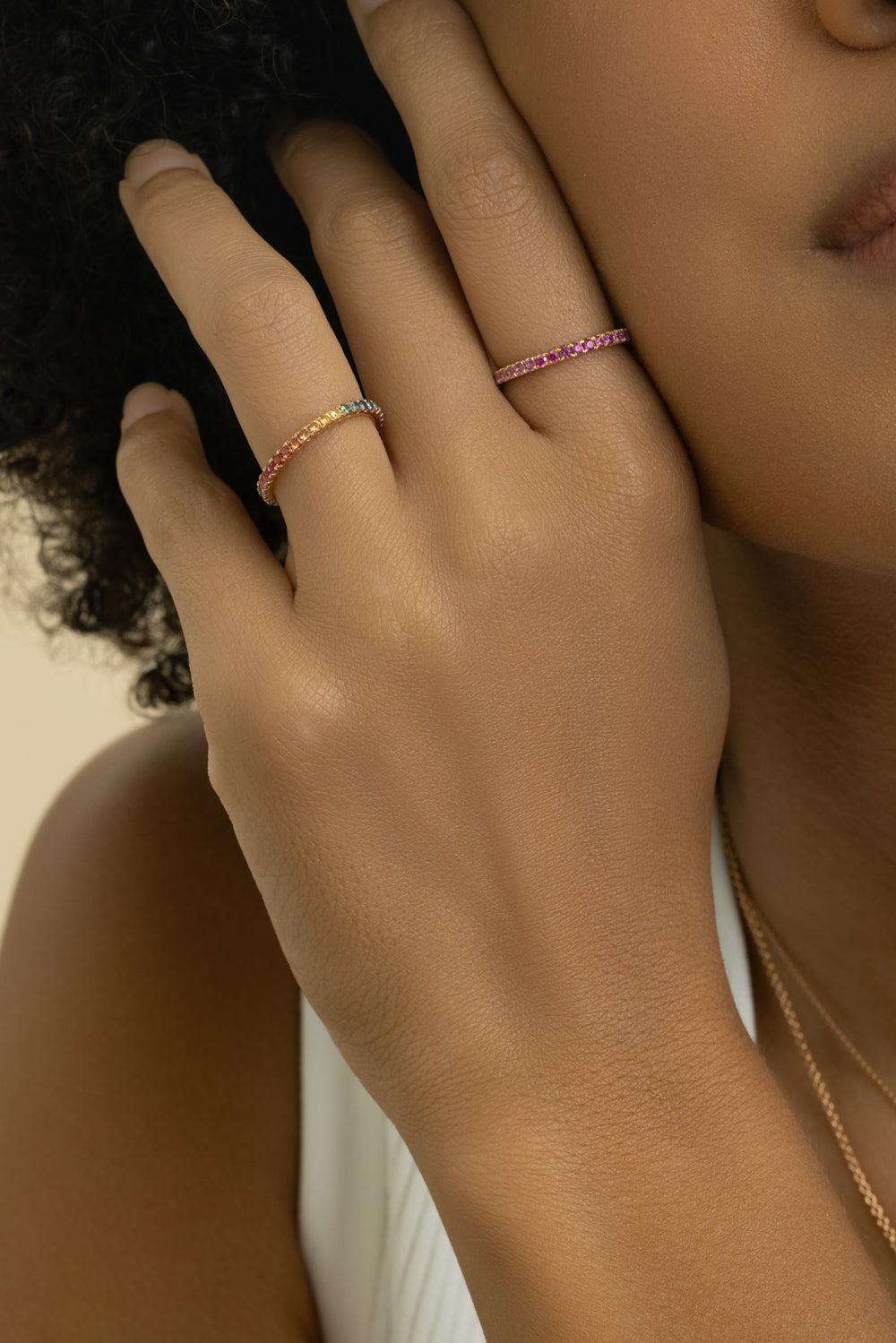 Pink Sapphire Ombre Skinny Band Ring-YELLOW GOLD-5.5-JEWELRYFINE JEWELRING-LISA NIK