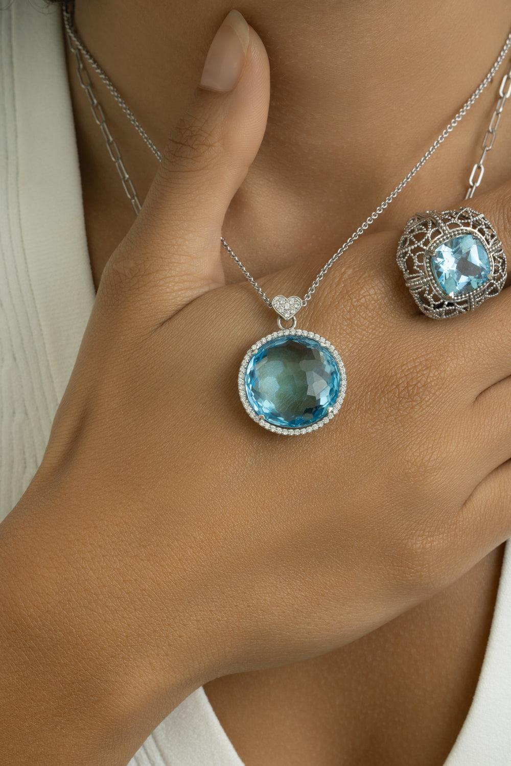 Blue Topaz Diamond Round Pendant Necklace-WHITE GOLD-JEWELRYFINE JEWELNECKLACE O-LISA NIK