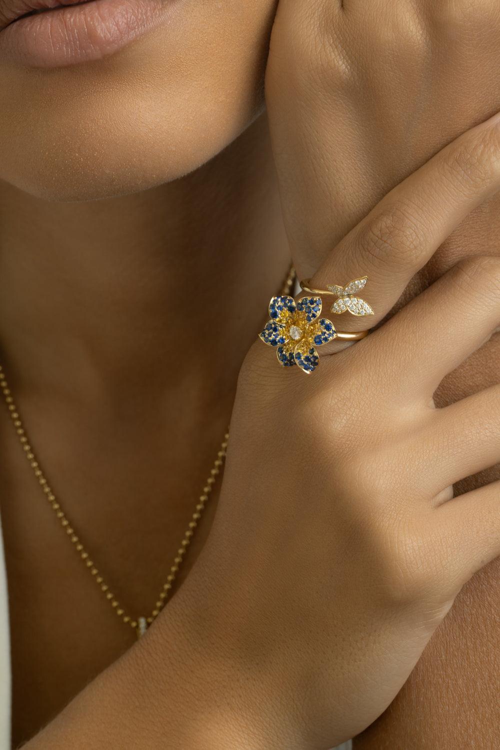 Blue Yellow Sappire Flower Butterfly Ring-YELLOW GOLD-6-JEWELRYFINE JEWELRING-LISA NIK