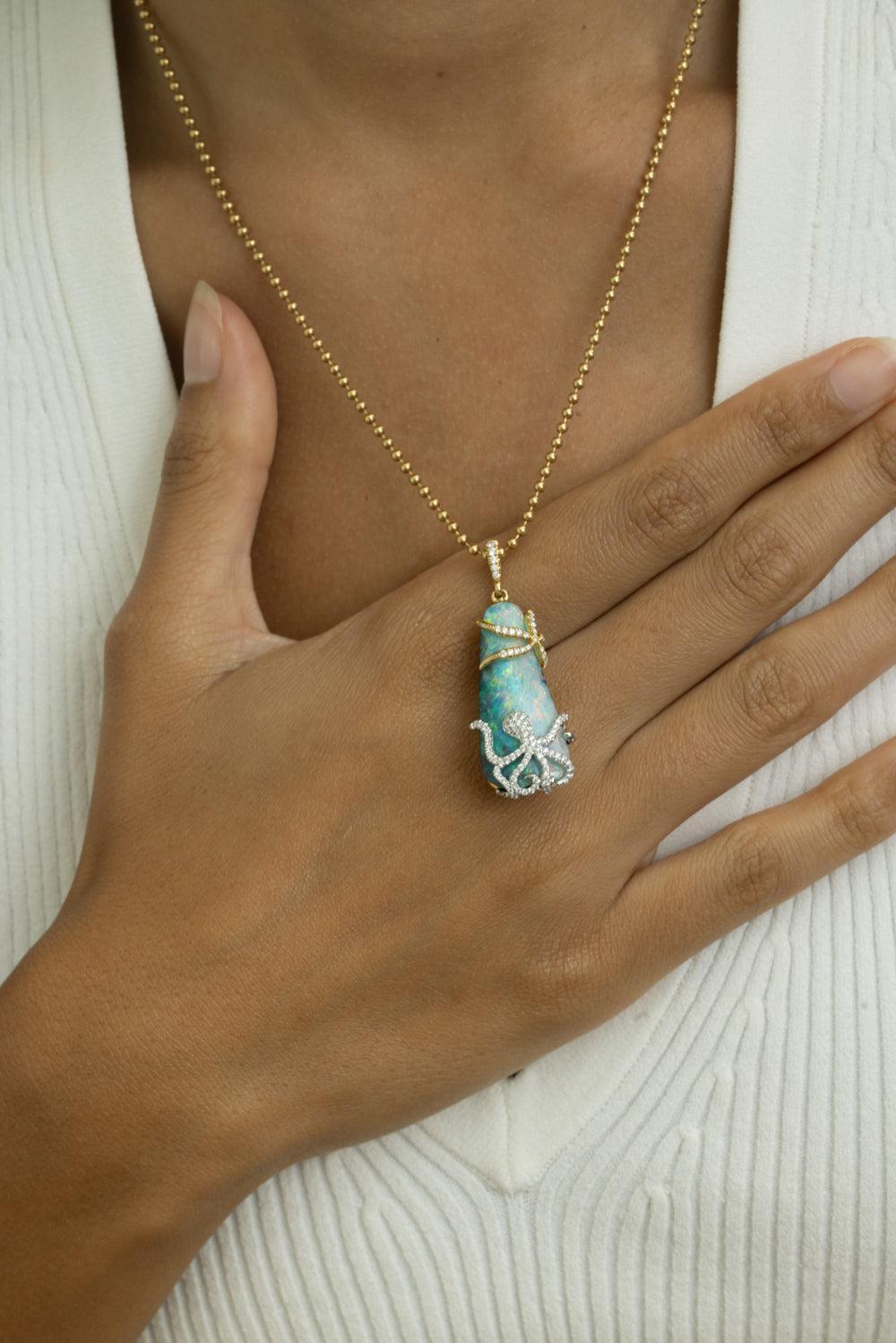 Opal Diamond Pendant Necklace-YELLOW GOLD-JEWELRYFINE JEWELNECKLACE O-LISA NIK