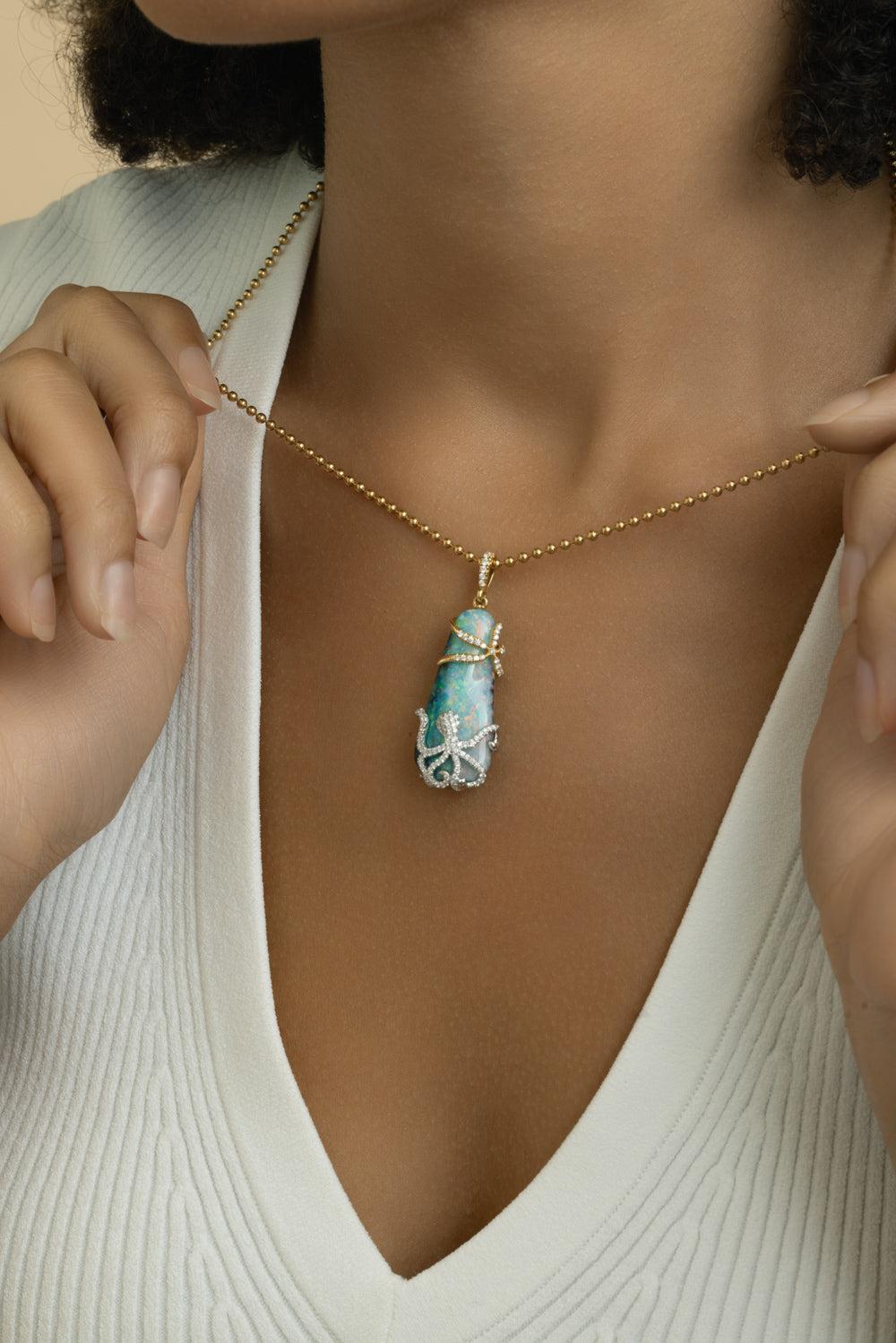 Opal Diamond Pendant Necklace-YELLOW GOLD-JEWELRYFINE JEWELNECKLACE O-LISA NIK