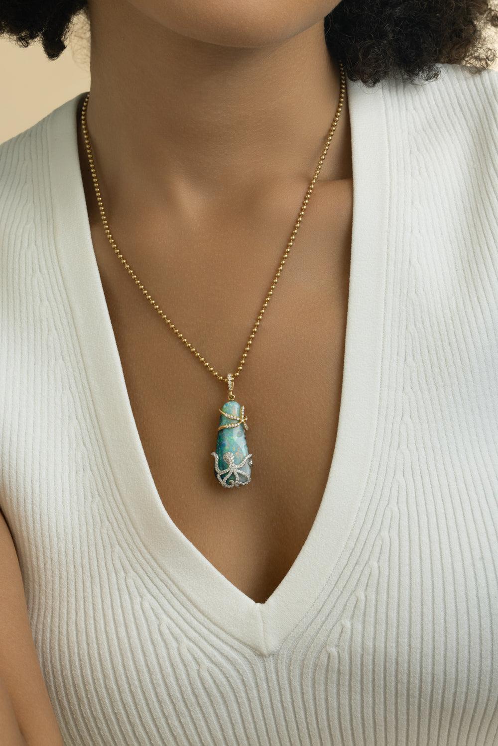 Opal Diamond Pendant Necklace-YELLOW GOLD-JEWELRYFINE JEWELNECKLACE O-LISA NIK