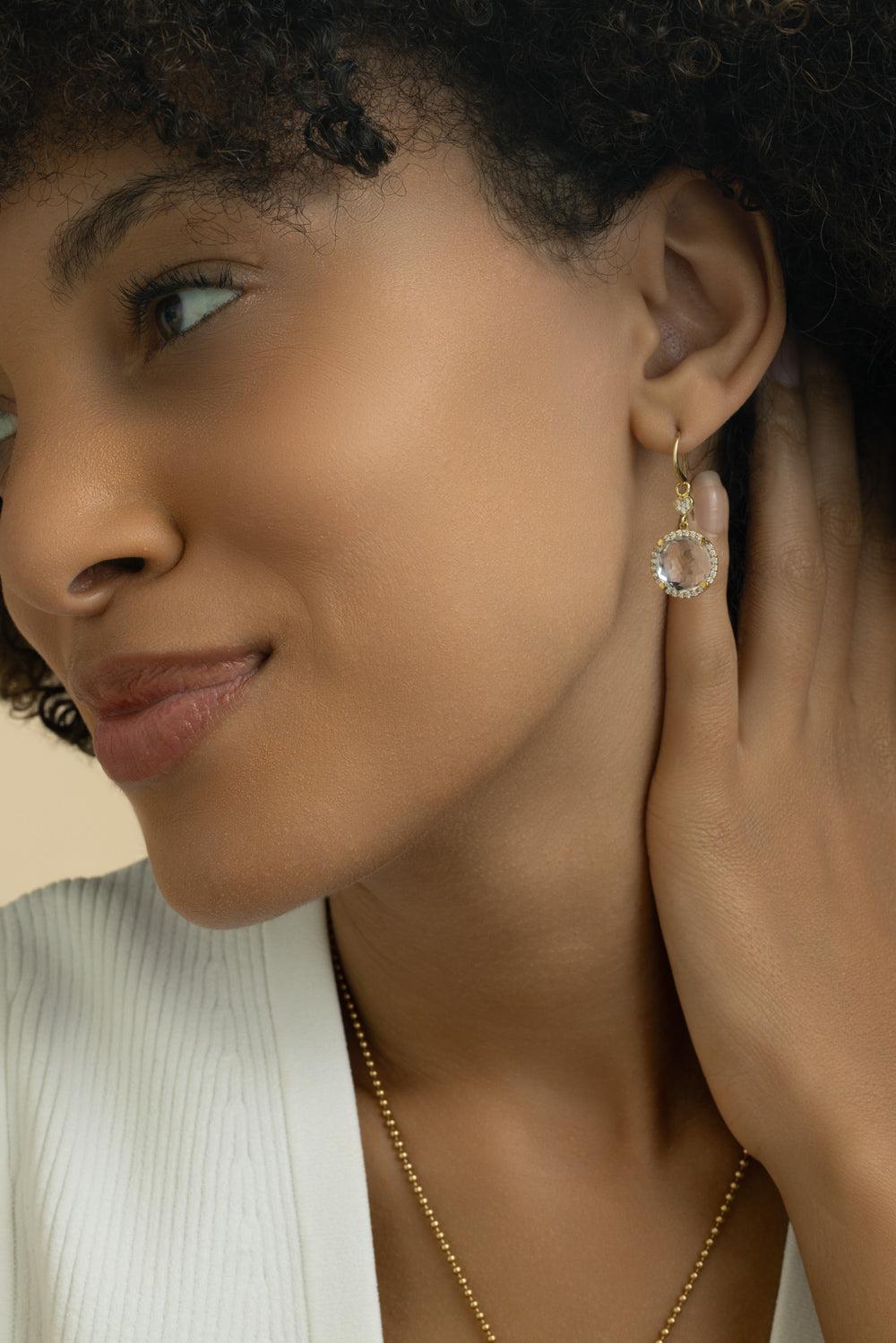 Clear Quartz Round Drop Earrings-YELLOW GOLD-JEWELRYFINE JEWELEARRING-LISA NIK
