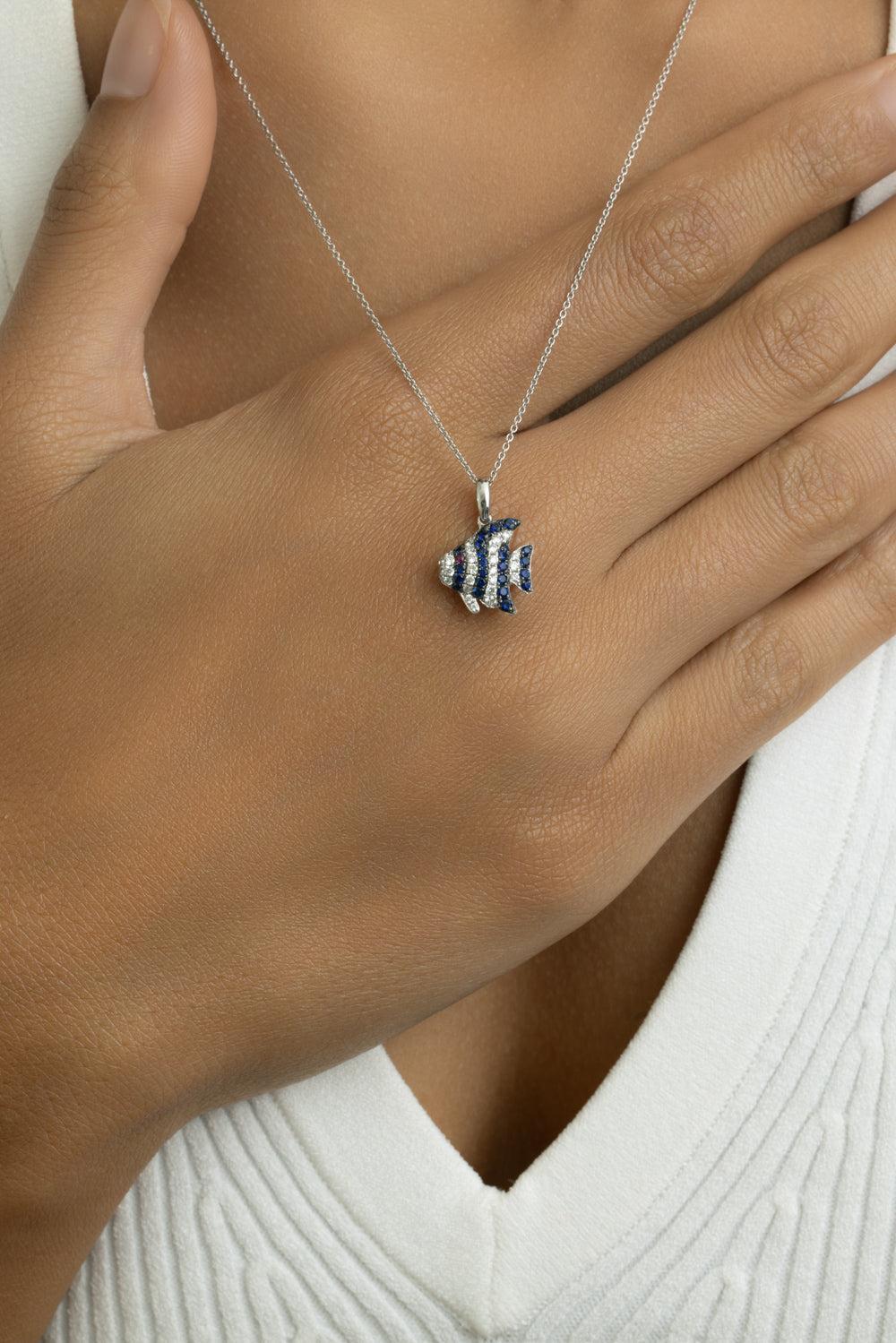 Blue Sapphire Ruby Diamond Fish Necklace-WHITE GOLD-JEWELRYFINE JEWELNECKLACE O-LISA NIK