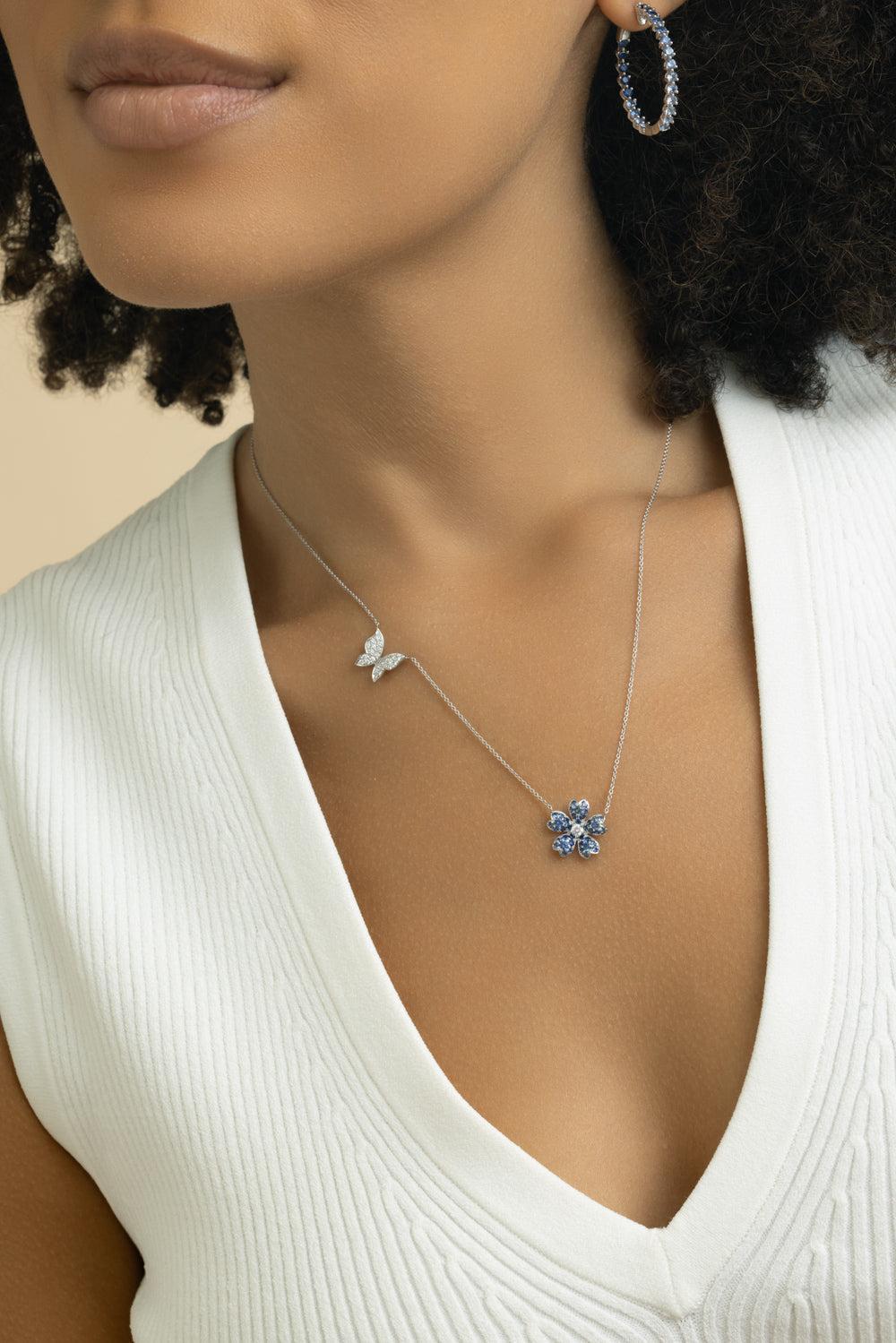 Blue Sapphire Flower Butterfly Necklace-WHITE GOLD-JEWELRYFINE JEWELNECKLACE O-LISA NIK