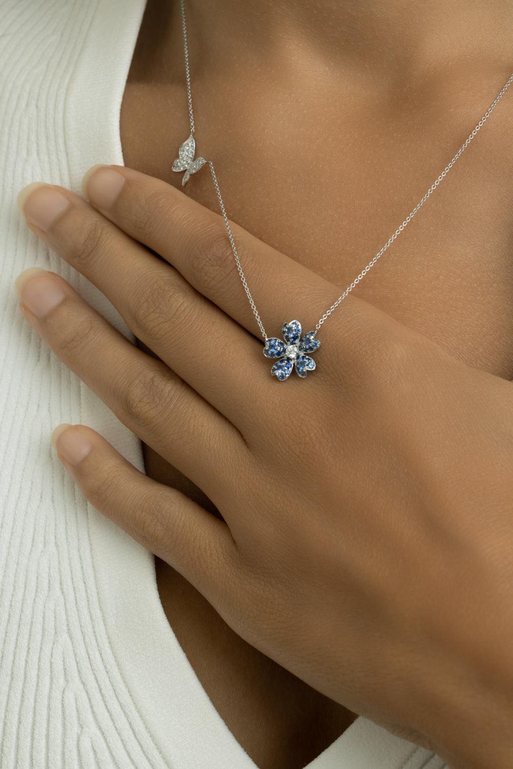 Blue Sapphire Flower Butterfly Necklace-WHITE GOLD-JEWELRYFINE JEWELNECKLACE O-LISA NIK