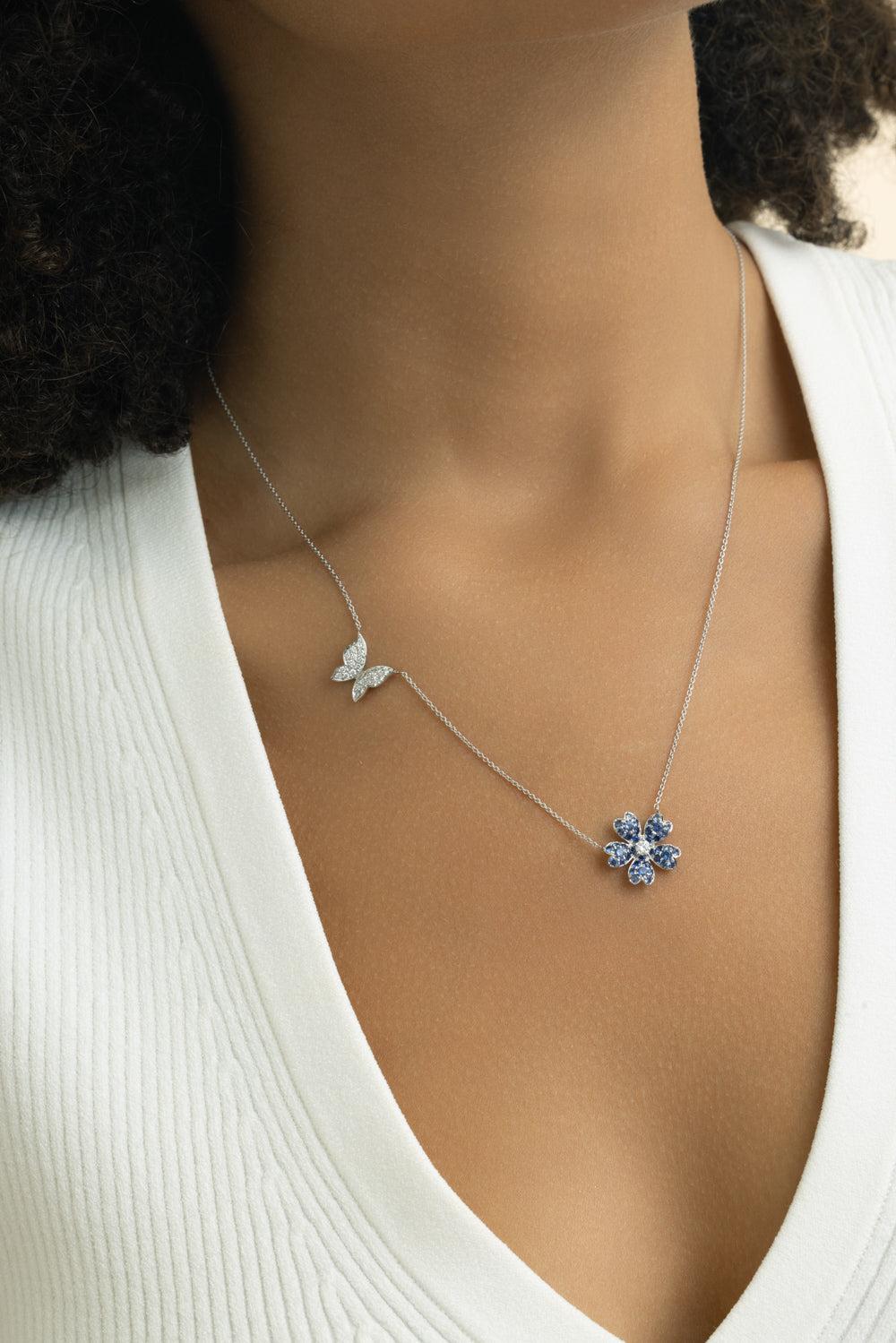 Blue Sapphire Flower Butterfly Necklace-WHITE GOLD-JEWELRYFINE JEWELNECKLACE O-LISA NIK